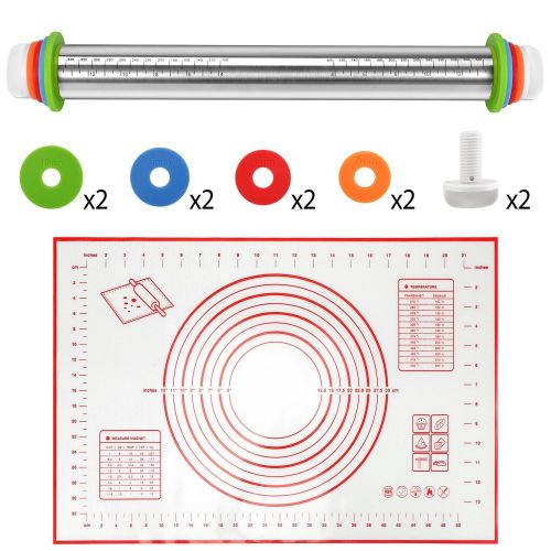 Dough Rolling Pin Dough Roller Stainless Steel Rolling Pins with 4 Removable Adjustable Thickness Rings and Rolling Mat Dough Rolling Pin Dough Roller Stainless Steel Rolling Pins with 4 Removable Adjustable Thickness Rings and Rolling Mat